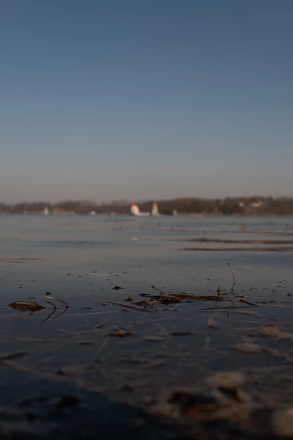 Wasserfläche mit Ufer und weitem Himmel